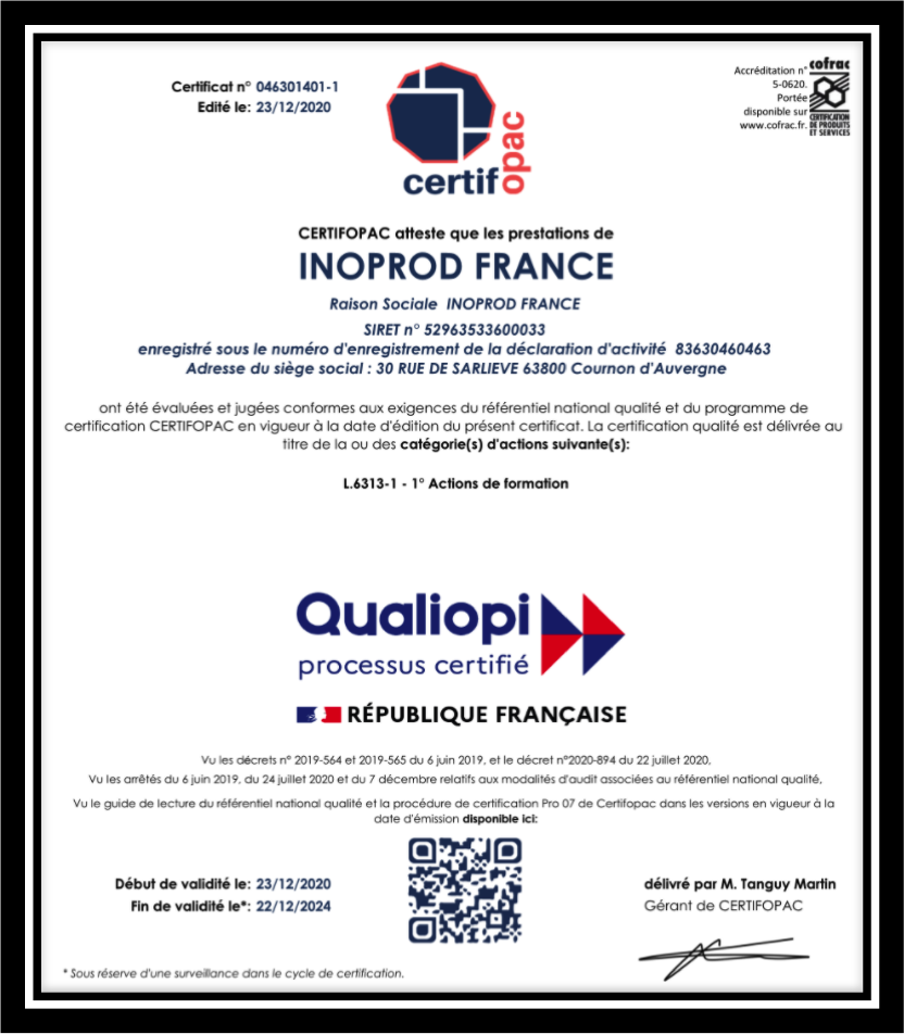 INOPROD obtient la certification Qualiopi valable pour une durée de 4 ans